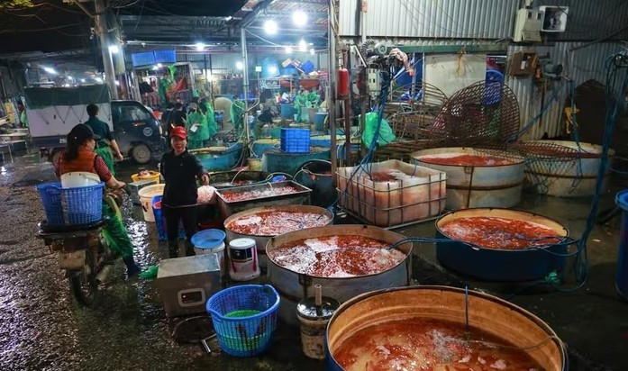 Trước ngày cúng ông Công ông Táo, chợ cá Yên Sở (phường Hoàng Mai, Hà Nội) tấp nập người mua kẻ bán. Ảnh: Vietnamnet