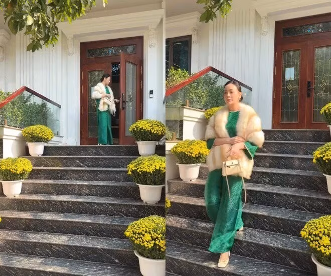 Dịp Tết, nữ diễn viên bố trí 2 hàng hoa cúc vàng trước cửa. Ảnh: chụp màn hình