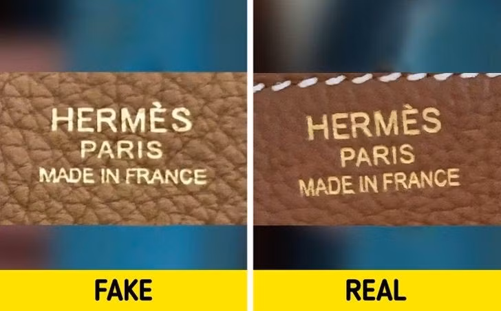 Ở túi Hermès thật, phần dấu trên chữ E rất thanh lịch. Hơn nữa, các chữ cái, ví dụ như F và R trong từ “France”, sẽ không bị dính sát vào nhau. Ảnh: Reddit