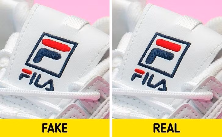 Trên giày giày Fila, điểm đáng chú ý là chữ “F” có vẻ nhọn hơn hoặc có 2 cạnh trên cùng không đối xứng, ví dụ như chạm vào khung vuông bao bọc bên ngoài. Ảnh: Shutterstock