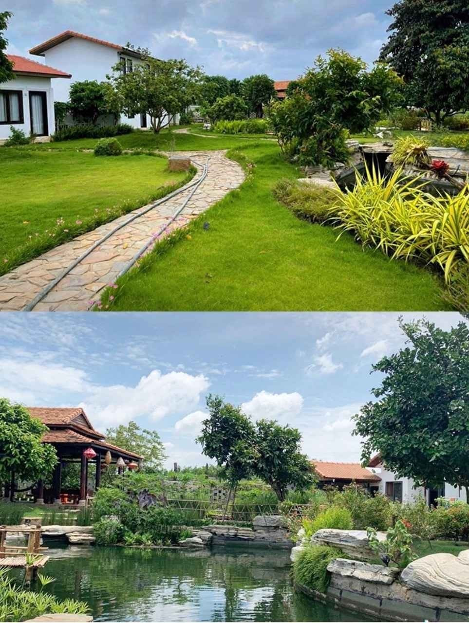 Khuôn viên rộng hàng nghìn mét vuông được chia thành nhiều khu vực gồm hồ cá, sân vườn, bãi cát trắng và nhà ở hiện đại. Ảnh chụp màn hình