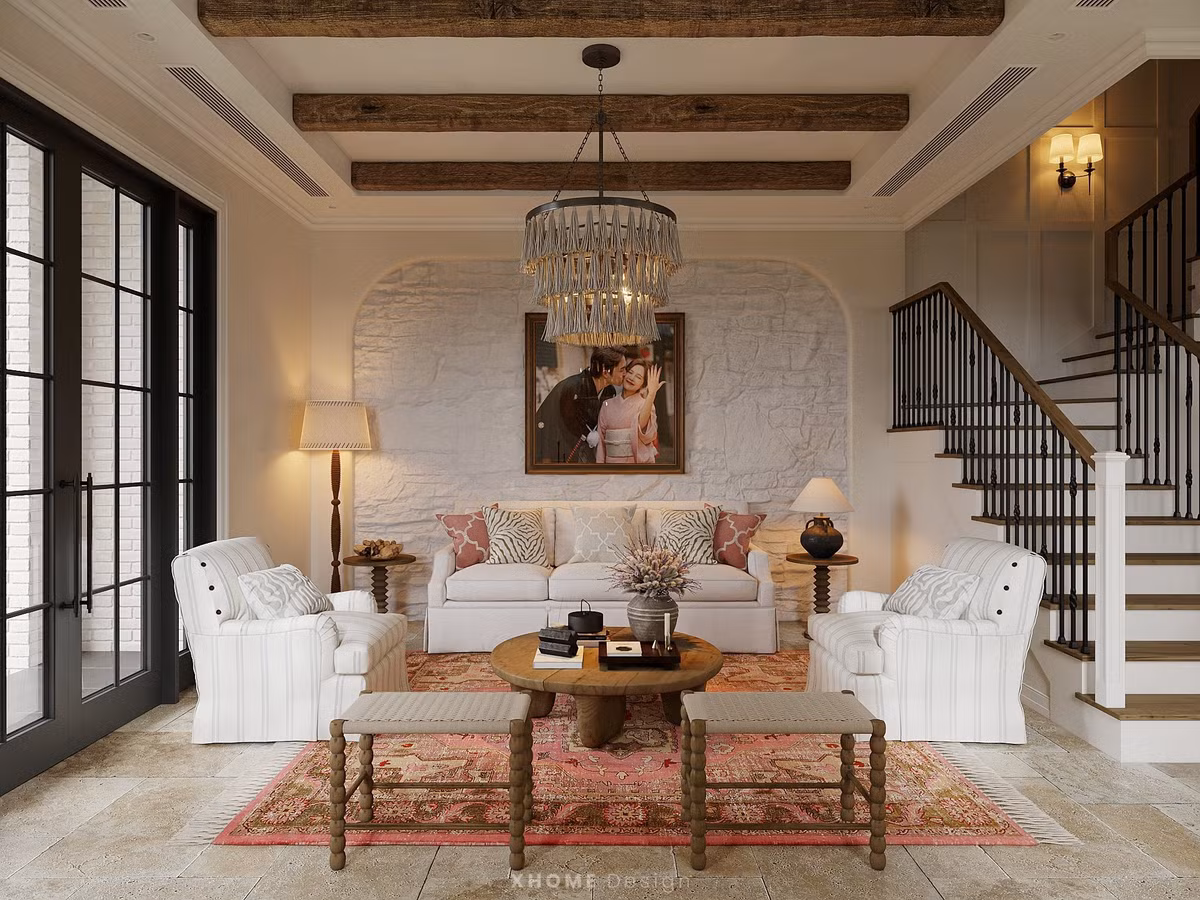Không gian sống được xây dựng theo phong cách Địa Trung Hải, kết hợp một số chi tiết tân cổ điển, tạo tổng thể vừa hiện đại, vừa ấm áp. Ảnh: FB Nguyễn Đình Tú