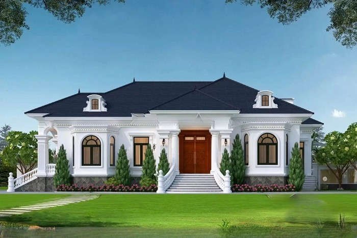 Mẫu nhà mái Nhật mang phong cách tân cổ điển với phào chỉ hoa văn, cột trụ tinh xảo, mang đến vẻ sang trọng, ấm cúng. Ảnh: Internet