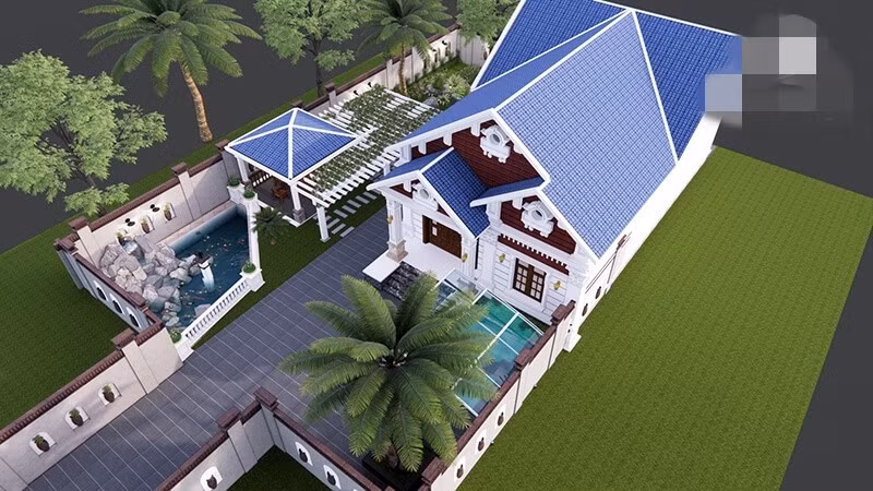 Nhà cấp 4 gác lửng mái Thái kết hợp giữa phong cách kiến trúc truyền thống và hiện đại, có sân vườn rộng. Gác lửng có cột và trụ độc đáo, chịu lực và tính thẩm mỹ cao. Ảnh: 3bdesign