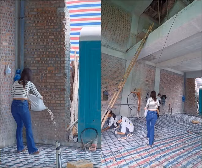 Mới đây, bà xã Mạnh Trường chia sẻ hình ảnh hai vợ chồng cùng rải đá thạch anh khắp nền nhà đang thi công. Ảnh: FBNV