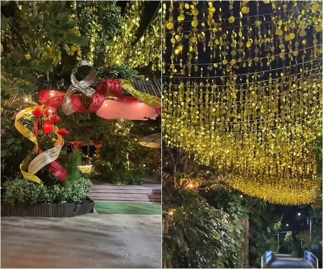 Dọc lối vào cổng được chăng dây lấp lánh, huyền ảo. Ảnh: FBNV