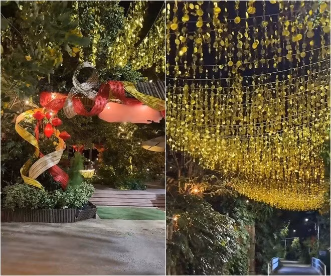 Dọc lối vào cổng được chăng dây lấp lánh, huyền ảo. Ảnh: FBNV
