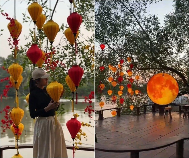 Đèn vàng, đỏ đan xen cùng biểu tượng khung trăng tạo khung cảnh lãng mạn. Ảnh: FBNV