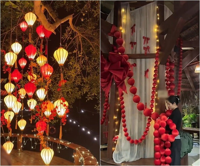Vân Trang treo đèn lồng rực rỡ, căn chỉnh dải lụa đỏ. Ảnh: FBNV