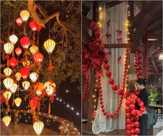 Vân Trang treo đèn lồng rực rỡ, căn chỉnh dải lụa đỏ. Ảnh: FBNV