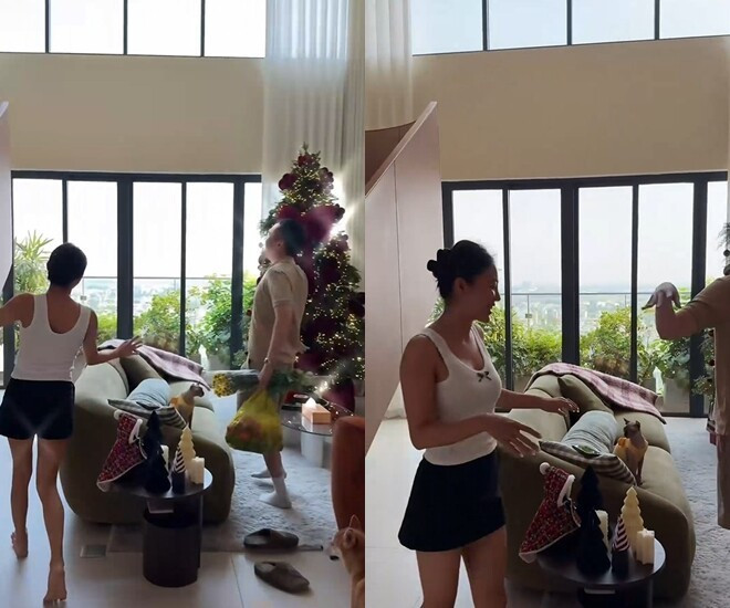 Căn hộ của Văn Mai Hương mang phong cách hiện đại với tông màu trung tính chủ đạo gồm nâu gỗ, kem, be, cam đất. Ảnh chụp màn hình