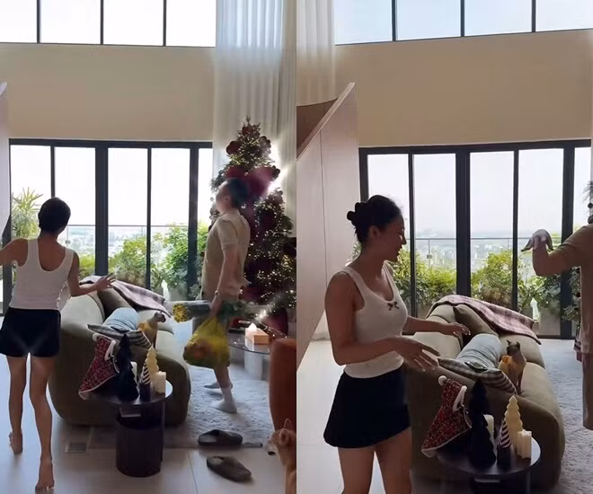 Căn hộ của Văn Mai Hương mang phong cách hiện đại với tông màu trung tính chủ đạo gồm nâu gỗ, kem, be, cam đất. Ảnh chụp màn hình