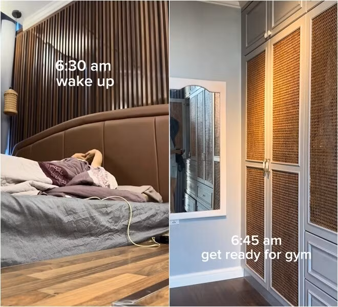 Phòng ngủ đơn giản nhưng ấm áp với bức tường ốp gỗ chạy dọc đầu giường. Ảnh chụp màn hình