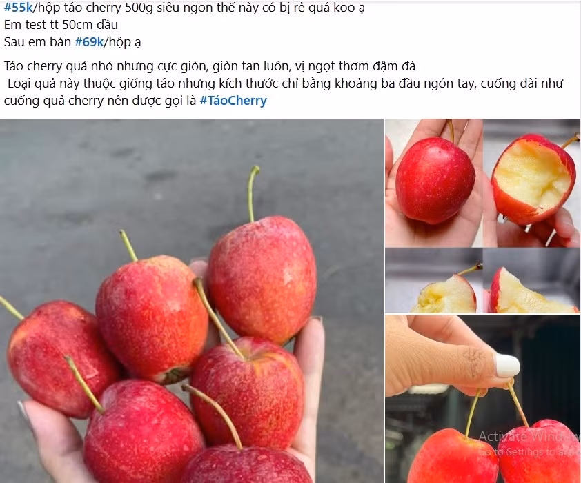 Một số cửa hàng trái cây quảng cáo, táo cherry quả nhỏ nhưng giòn tan, vị ngọt thơm đậm đà. Ảnh chụp màn hình