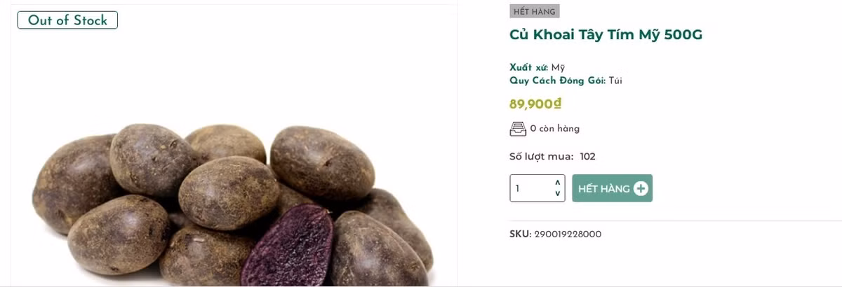 Loại khoai tây tím của Mỹ giá cao hơn, khoảng 120.000 - 180.000 đồng/kg, song hiện nhiều siêu thị đều ở trong tình trạng hết hàng. Ảnh chụp màn hình