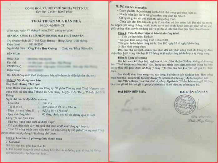 Hợp đồng thỏa thuận mua bán nhà dự kiến hoàn thành công trình vào cuối năm 2007, nhưng gần 20 năm vẫn chưa xong