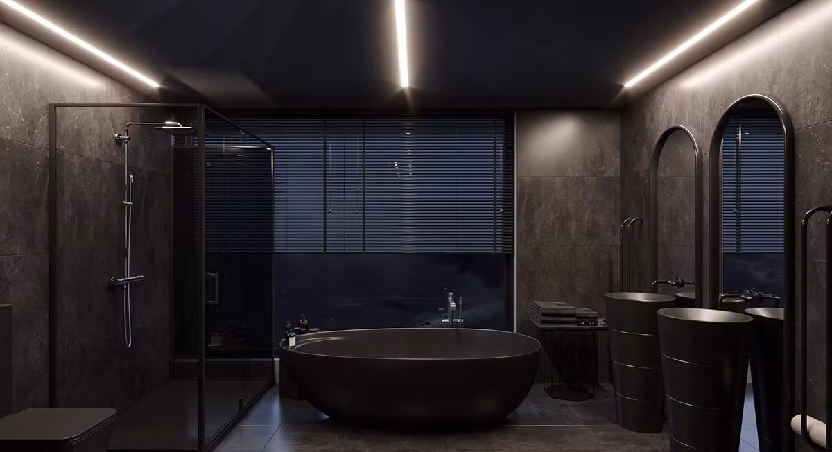 Không gian phòng tắm chỉ chọn màu đen, xám, tiện nghi. Ảnh: FB Nguyen Le Viet Anh