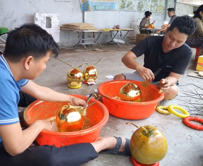 Theo người thợ, công đoạn khó nhất không nằm ở việc dát vàng mà bắt đầu từ chọn dừa. Trái dừa phải tròn đều, đủ già, cuống không đứt, không rỉ nước, vỏ cứng cáp để được lâu ngày. Ảnh: Báo tin tức