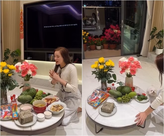 Nàng hậu mua hoa, quả làm lễ cúng trong ngôi nhà mới. Ảnh: FBNV