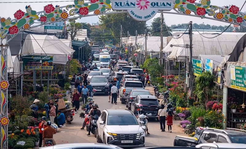 Dọc tuyến đê ven sông Hồng, xe tải nối đuôi nhau để ra vào giao dịch, vận chuyển hàng. Ảnh: Vietnamnet