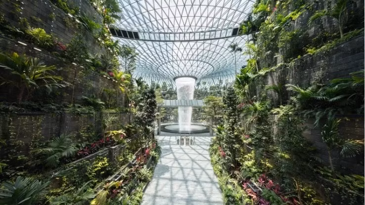 Với kiến trúc mái vòm bằng kính độc đáo, những khu vườn xanh mướt và hàng trăm cửa hàng, nhà hàng, Jewel Changi trở thành một điểm đến hấp dẫn, thu hút đông đảo du khách. Ảnh: Changi Airport