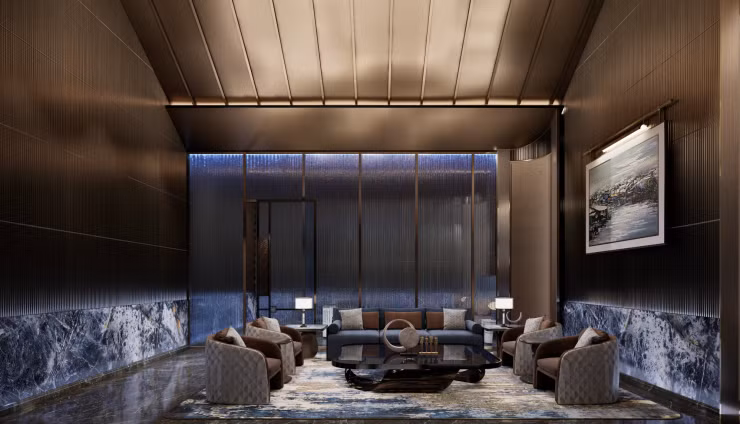 Phòng chờ dành cho nguyên thủ quốc gia và các đoàn quan chức cấp cao được thiết kế riêng biệt, mang sắc thái trầm lắng, gợi hình ảnh tầng sâu của đại dương. Ảnh: Vietnamnet