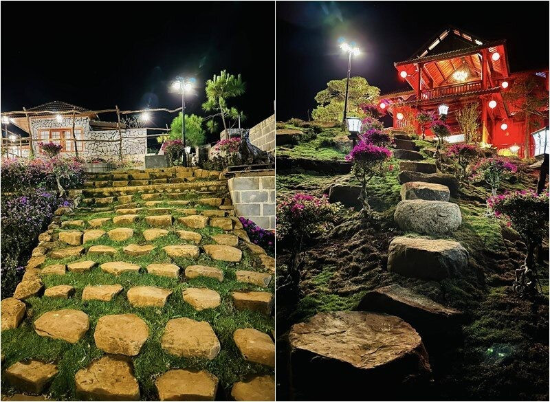 Toàn bộ lối đi trong khuôn viên đều được lót đá tự nhiên, xen kẽ là thảm cỏ xanh mướt. Ảnh: FBNV