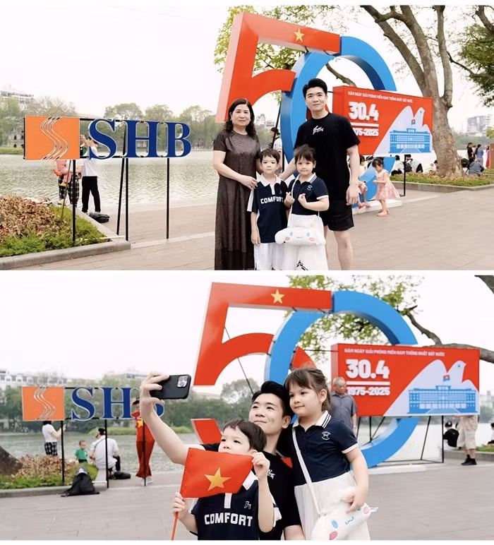 Thiếu gia Đỗ Quang Vinh giản dị cùng mẹ và các con dạo chơi bên Hồ Gươm. Ảnh: FB Đỗ Quang Vinh