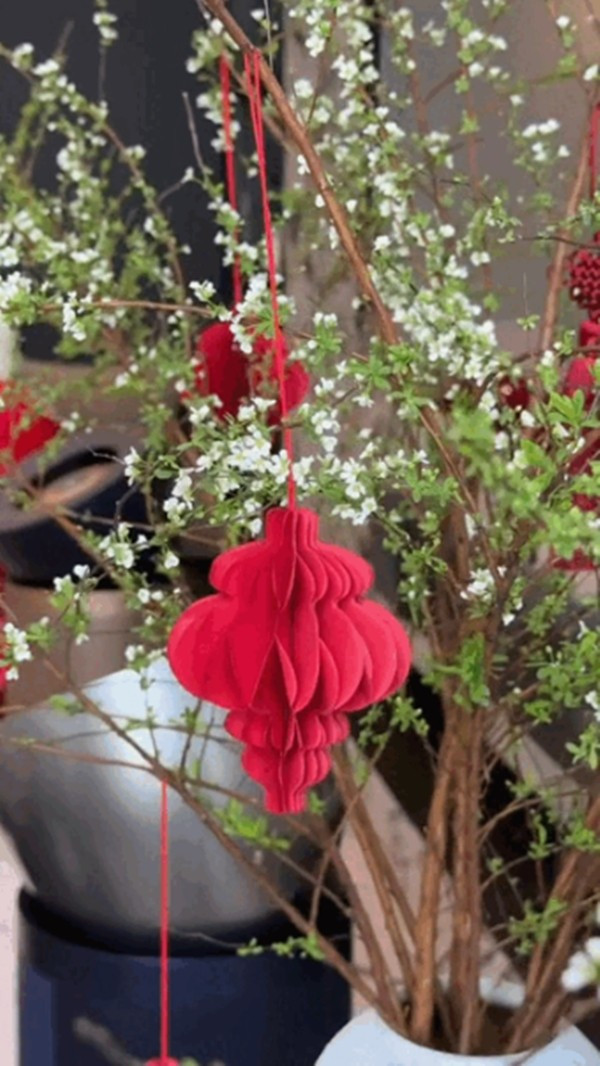 Tuyết mai rừng được điểm xuyết phụ kiện lồng đèn đỏ rực rỡ sắc màu. Ảnh chụp màn hình