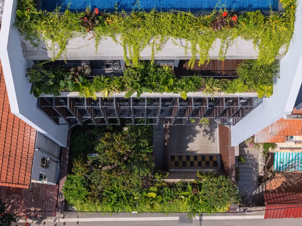 Những lớp chuyển tiếp này - từ ngoài vào trong, từ tầng trệt lên tầng trên - tạo một thể thống nhất liền mạch. Ảnh: Triệu Chiến