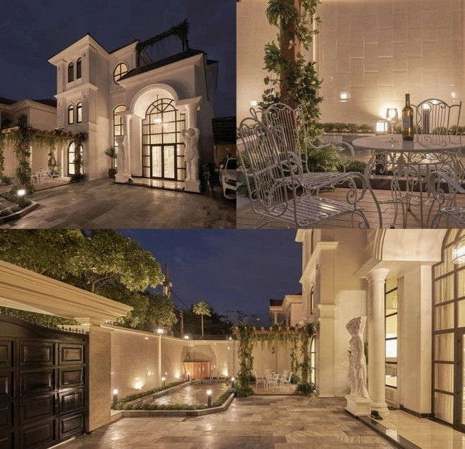 Biệt thự có gam màu trắng chủ đạo, mang phong cách cổ điển. Bên ngoài là khoảng sân vườn lớn, bày trí bàn ghế thư giãn và tiếp khách. Ảnh: FBNV