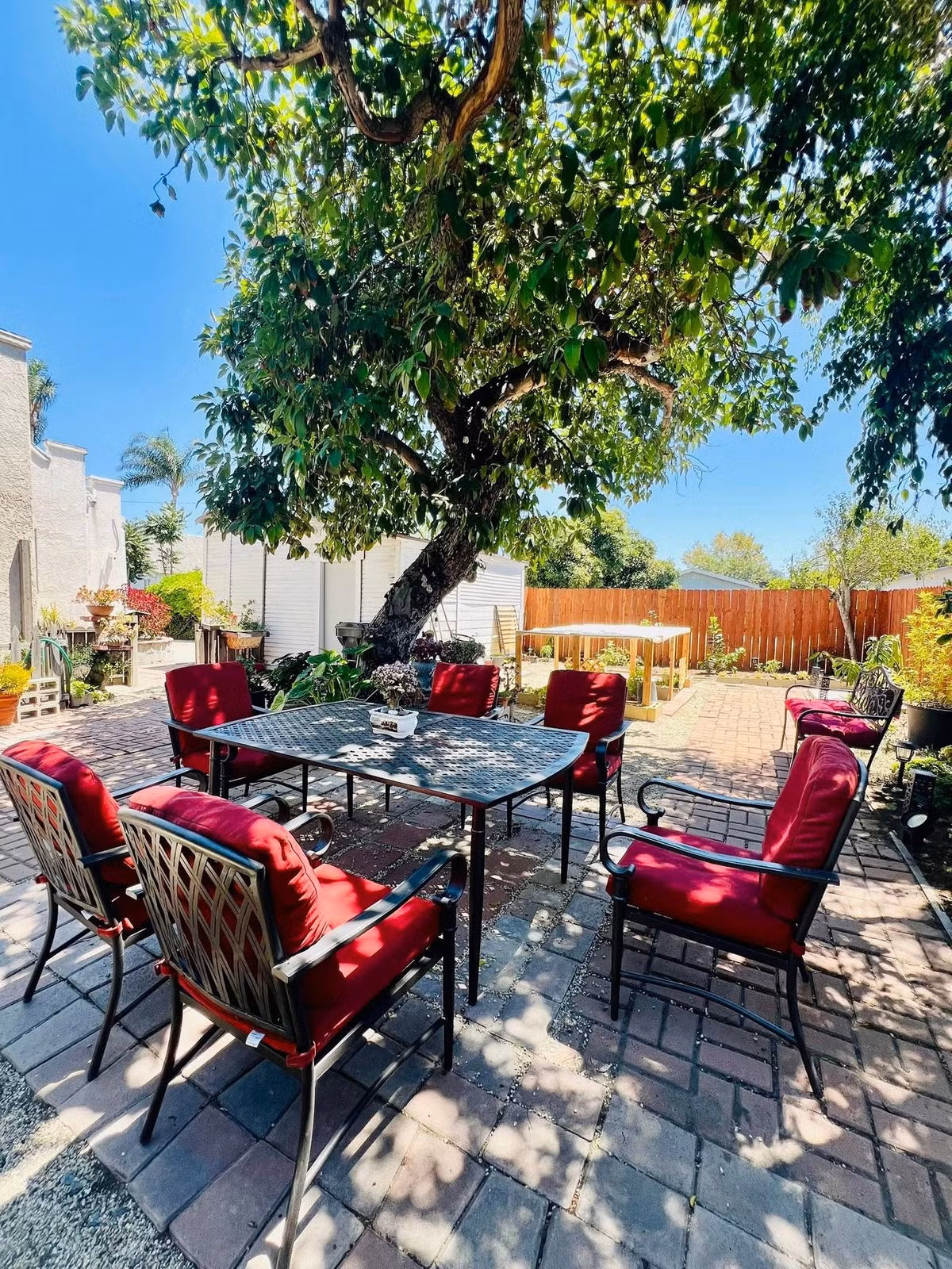 Khoảng sân nhỏ trở thành góc thư giãn lý tưởng với bộ bàn ghế kim loại, nệm đỏ nổi bật giữa sân gạch. Ảnh: FBNV