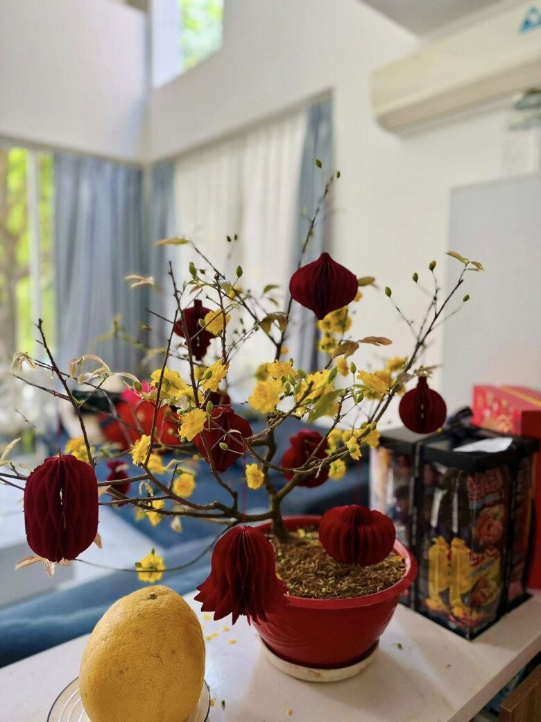 Chậu mai vàng nhỏ khoe sắc cùng những món đồ trang trí thủ công. Ảnh: FBNV