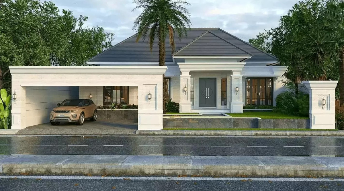 Với thiết kế mở rộng mái nhà khéo léo, gara ô tô trở thành một phần hài hòa của tổng thể kiến trúc. Ảnh: Internet