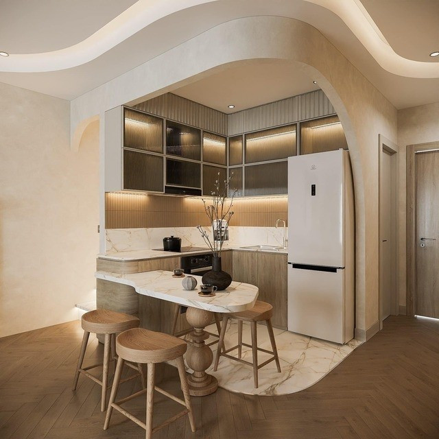 Căn hộ rộng 125m2, khu vực bếp nhỏ gọn, tiện nghi, được thiết kế đúng sở thích của mẹ nữ diễn viên. Ảnh: FBNV