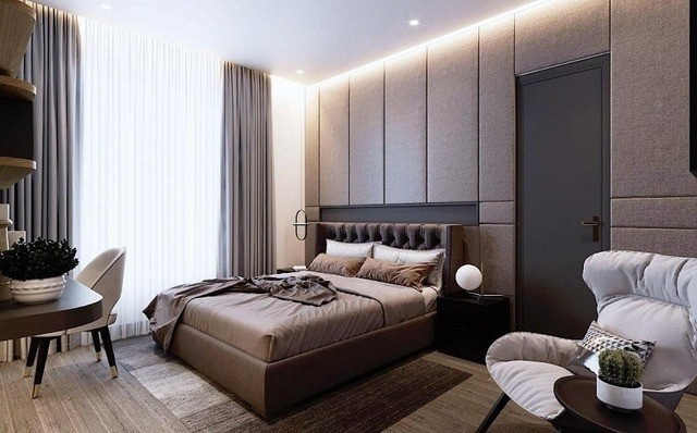 Phòng ngủ có màu xám trầm với phong cách bài trí đơn giản, không cầu kỳ. Ảnh: FBNV