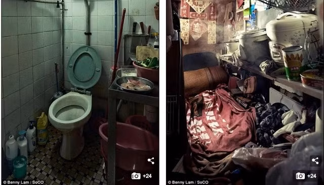 Bồn cầu ngay cạnh chỗ nấu ăn, nồi cơm đặt trên giá ngay cạnh giường ngủ. Ảnh: BI