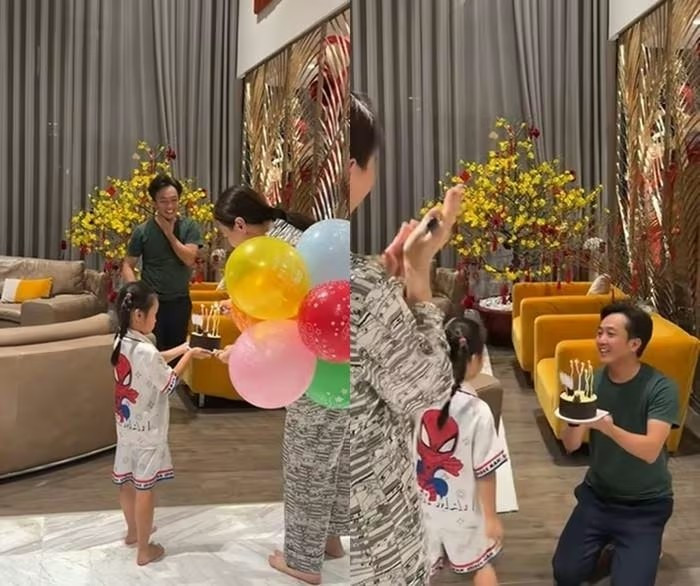 Giữa phòng khách, vợ chồng Cường Đô La trang trí chậu mai vàng to. Ảnh: FBNV