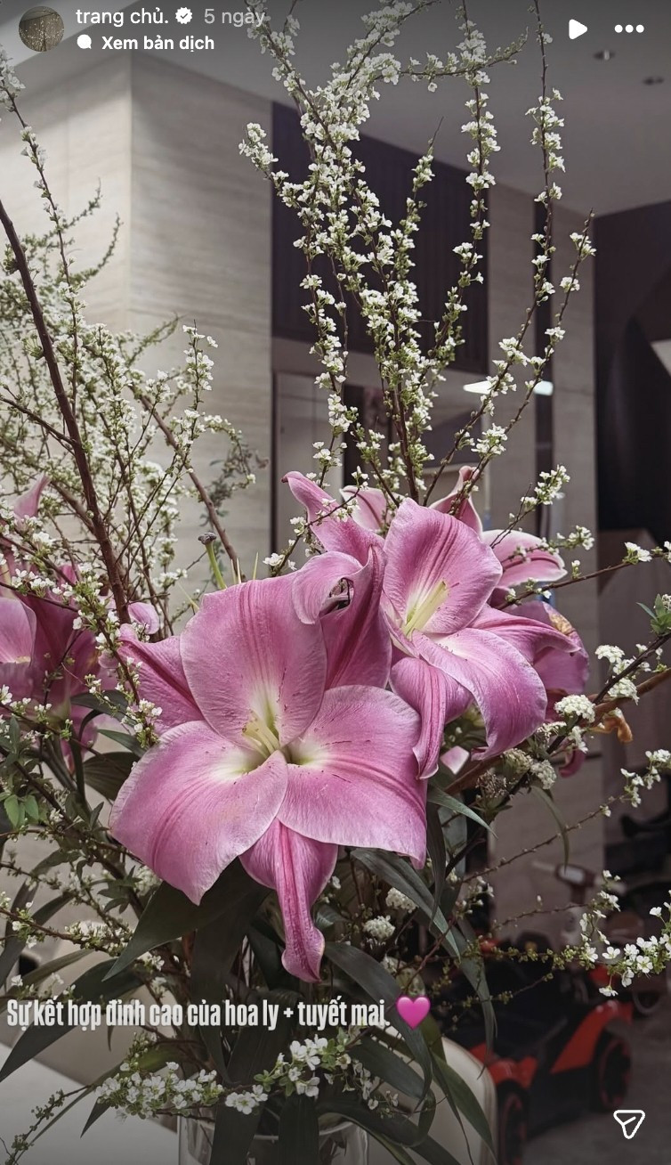 Sự kết hợp của hoa ly và tuyết mai cho không gian thêm sinh động. Ảnh: FBNV