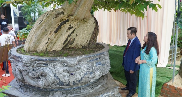 Chậu cây đúc bằng xi măng có đường kính 2,8 mét, chạm khắc đầu rồng tinh tế, có hệ thống điện xoay với tốc độ quay chậm. Ảnh: VietKings