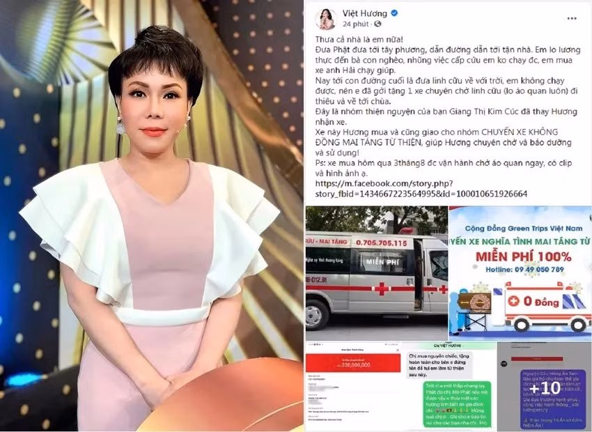 Năm 2021, Việt Hương thông báo tặng xe cứu thương trị giá 2,5 tỷ đồng để làm công tác từ thiện. Ảnh: FBNV