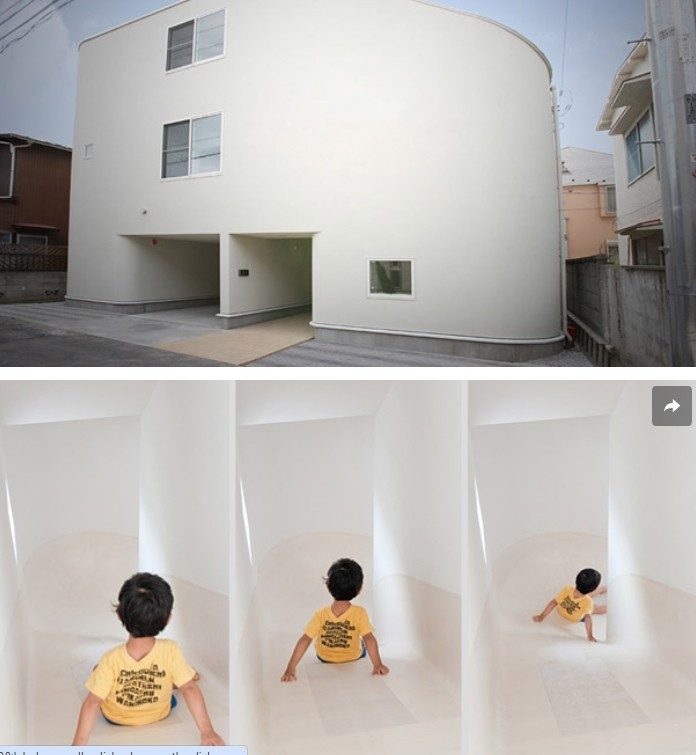 Ngôi nhà 3 tầng ở Nhật Bản có cầu thang thông thường ở một bên và cầu trượt ở bên kia, cho phép gia chủ trượt xuống tầng một. Ảnh: LEVEL Architects