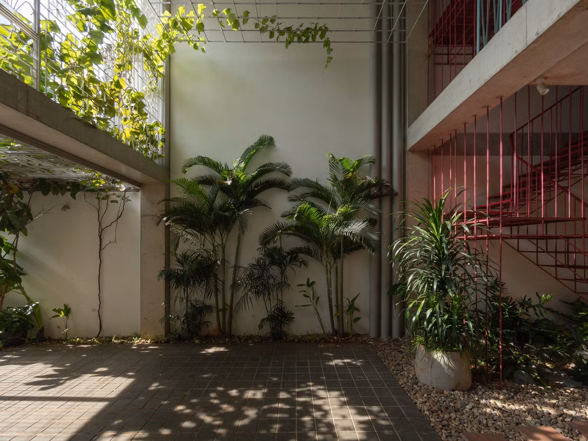 Bên trong là lớp bảo vệ và cách nhiệt. Cây xanh đan cài xen lẫn vào các khoảng trống làm mát dịu không gian, tăng sự riêng tư và gần gũi với thiên nhiên. Ảnh: Quangdam