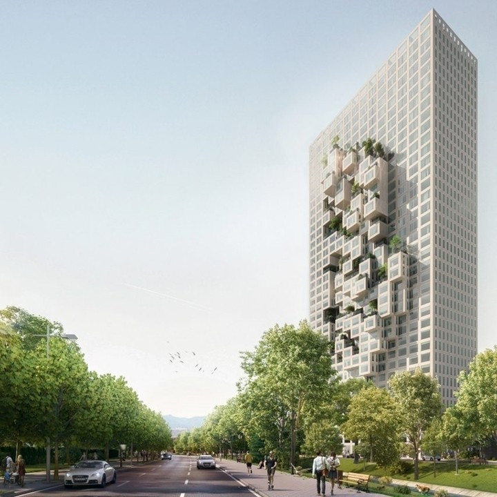 Tòa nhà Downtown One phác họa hình dáng bản đồ Albania, tạo nên điểm nhấn độc đáo cho Thủ đô Tirana. Tòa nhà cao 140 mét, gồm các khối xếp chồng với cửa sổ hình chữ nhật lớn, dự kiến trở thành công trình cao nhất Albania. Ảnh: Dezeen