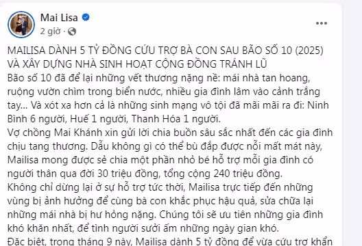 Với tinh thần sẻ chia, trên trang cá nhân, doanh nhân Phan Thị Mai (hiện đang sinh sống tại TP HCM) vừa có bài đăng gây chú ý. Theo đó, nữ đại gia quyết định chi 5 tỷ để hỗ trợ cho bà con sau cơn bão số 10 và xây nhà sinh hoạt cộng đồng để tránh lũ. Ảnh chụp màn hình