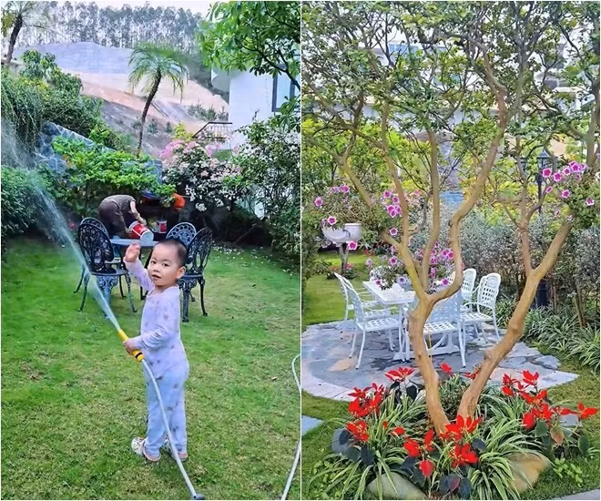 Khu vườn trước biệt thự là thảm cỏ xanh, có bộ bàn ghế sắt nhỏ tạo góc thư giãn ngoài trời. Ảnh chụp màn hình