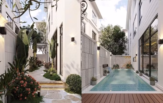 Sân vườn, bể bơi thiết kế hai bên hông nhà. Ảnh: FB Nguyễn Thành Chung