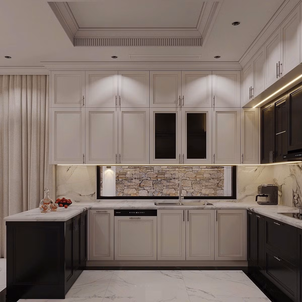 Khu bếp với tông màu trắng - đen chủ đạo. Ảnh: FB Nguyễn Thành Chung