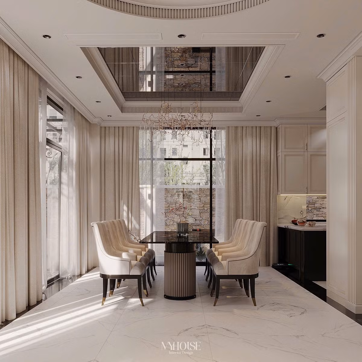 Không gian tầng một sử dụng phần lớn cửa kính để có thể nhìn ra không gian bên ngoài. Ảnh: FBNV