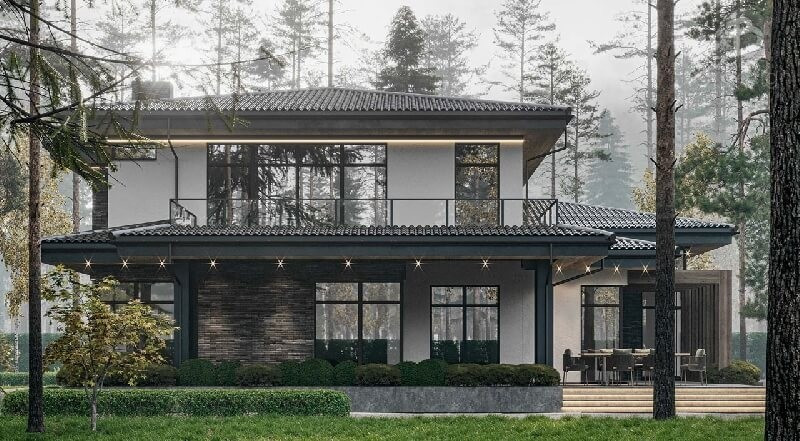 Nhà vườn 2 tầng kiểu Nhật mang vẻ đẹp cổ kính, thanh tao, mang đến sự hài hòa với thiên nhiên. Ảnh: 3bdesign